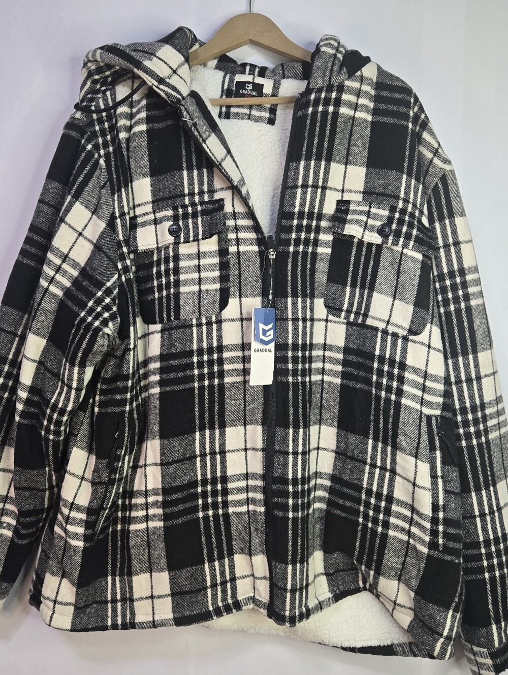 G Gradual Men Size XXL Hooded Zip Up B&W Plaid Flannel Sherpa Lined Jacket, NWT